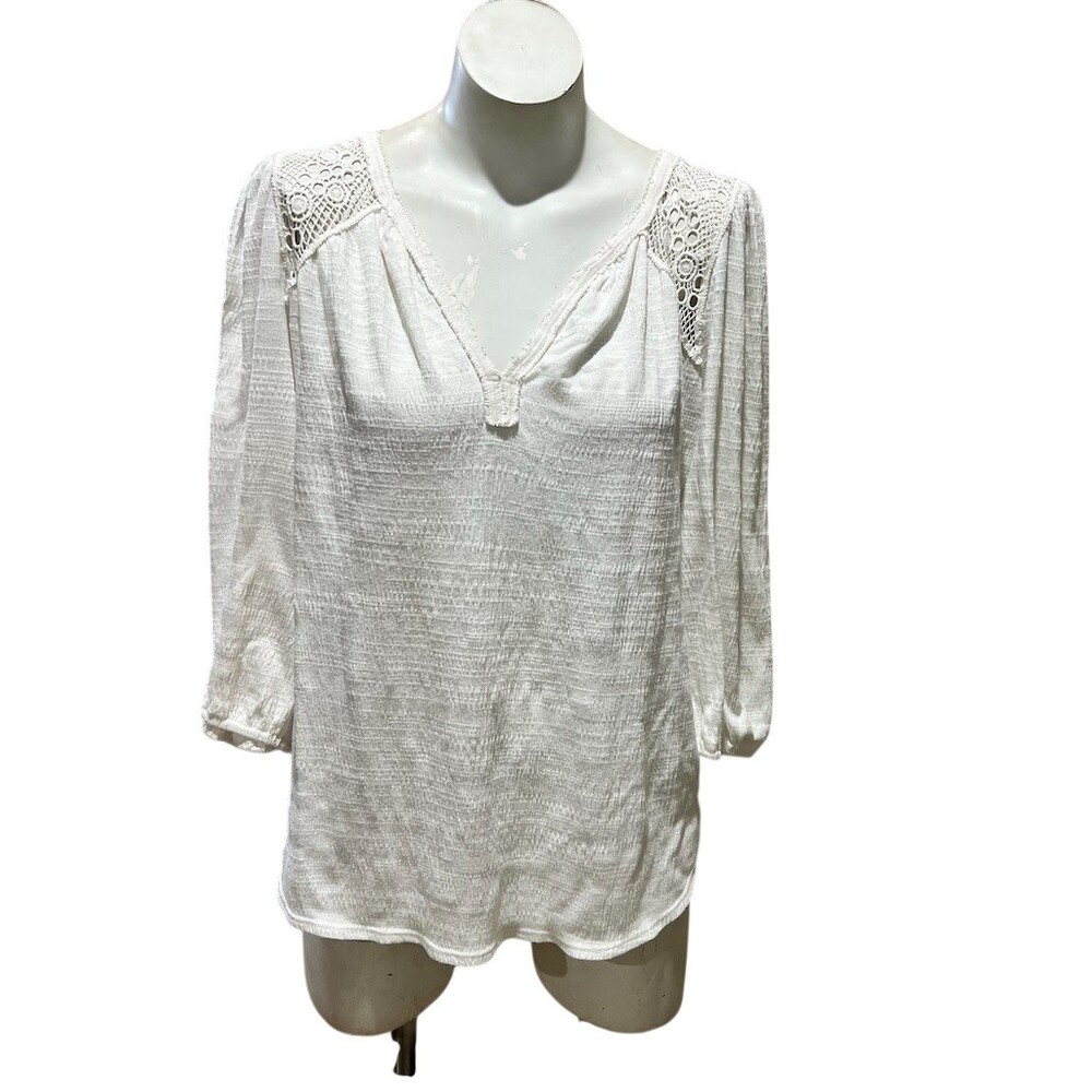 Max Studio Blouse Womens Size L Ivory Peasant V-Neck Tassel Tie Boho